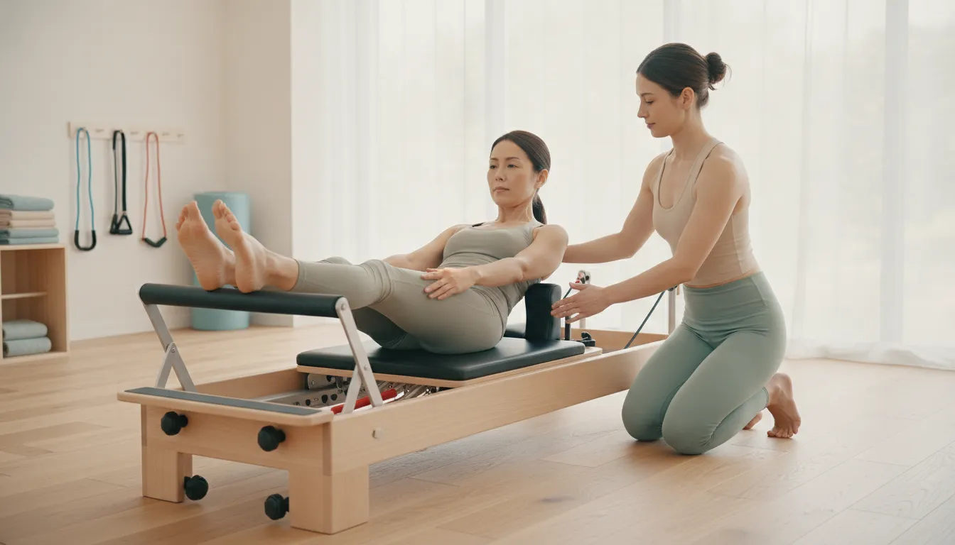 インストラクターの指導を受けながらリフォーマーに取り組む女性