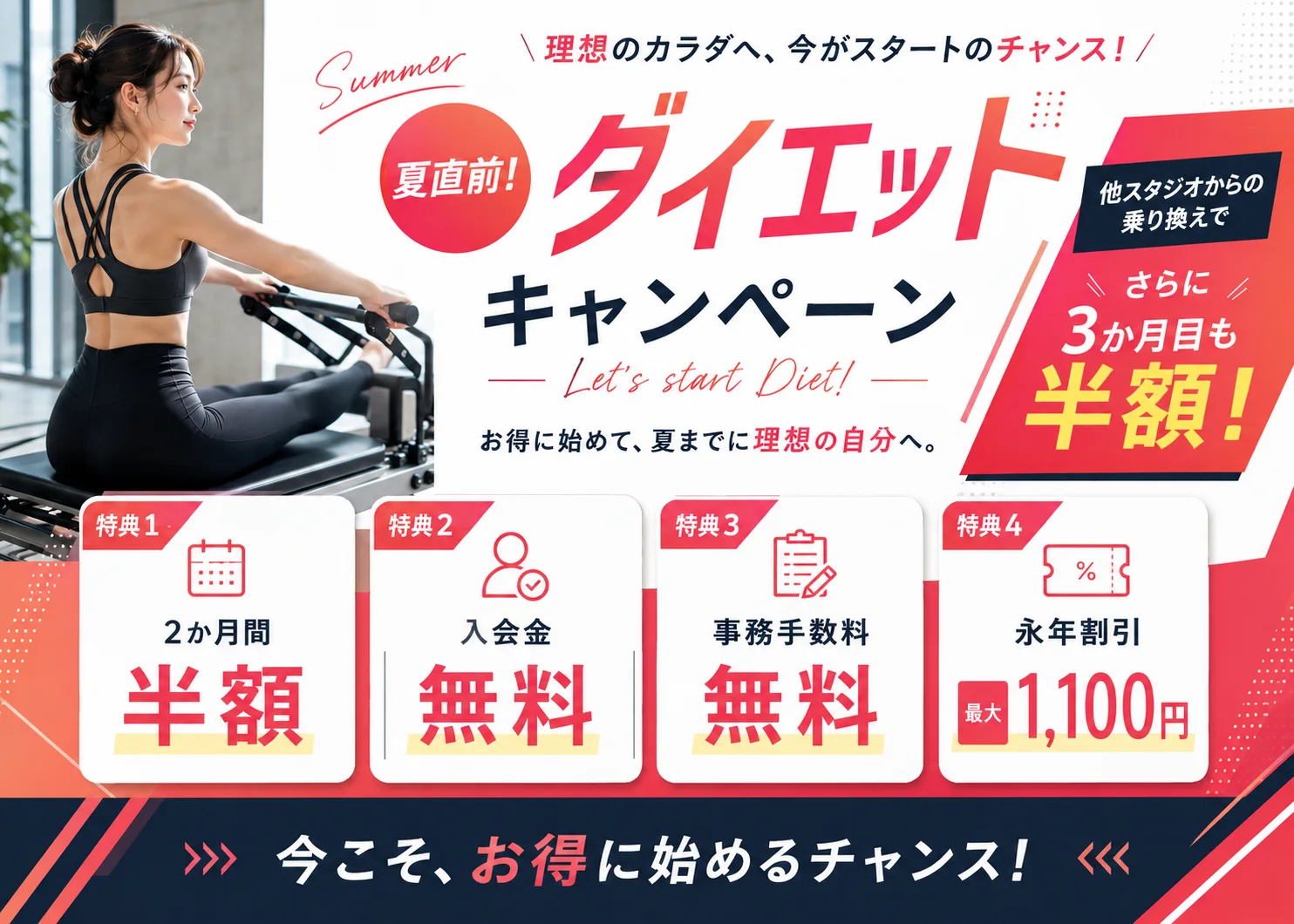 夏直前ダイエットキャンペーン｜2ヶ月会費半額・入会金無料・事務手数料無料・永年割引最大1,100円・他スタジオからの乗り換えで3か月目も半額
