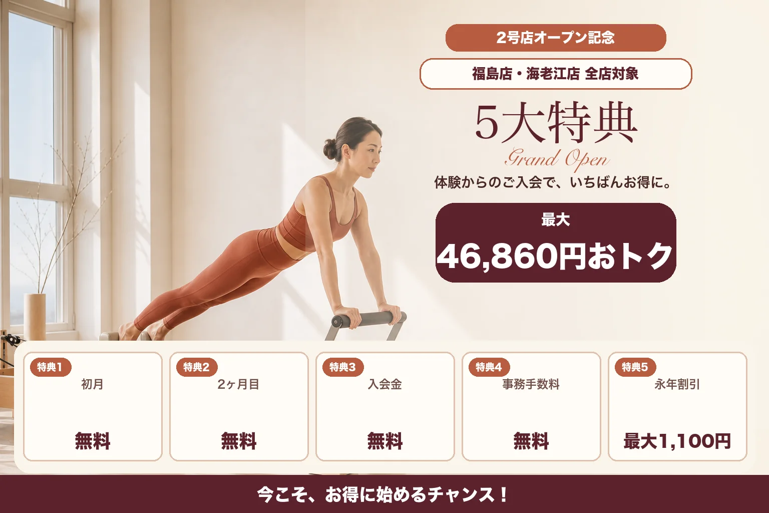 2号店オープン記念 5大特典｜福島店・海老江店 全店対象。体験からのご入会で最大46,860円おトク。初月・2ヶ月目の月会費無料、入会金無料、事務手数料無料、永年割引 最大1,100円
